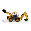 Juguete retroexcavadora JCB 4CX a escala 1:50 con pala y brazo móvil de metal y plástico.