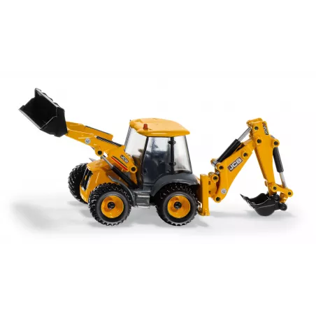 Juguete retroexcavadora JCB 4CX a escala 1:50 con pala y brazo móvil de metal y plástico.