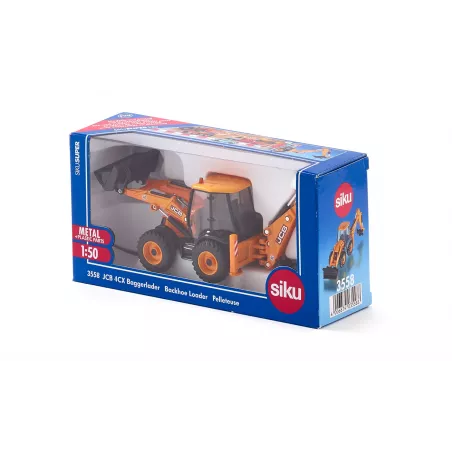 Juguete retroexcavadora JCB 4CX a escala 1:50 con pala y brazo móvil de metal y plástico.