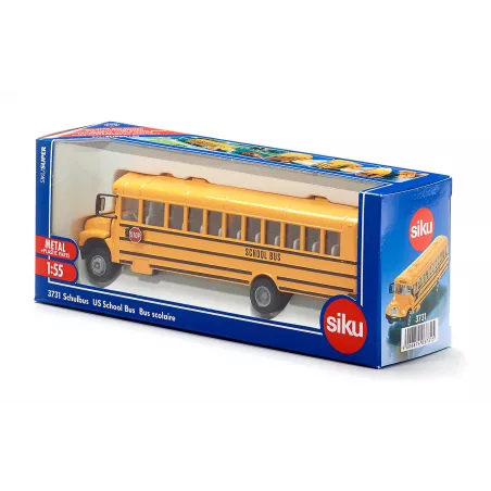 Autobús escolar estadounidense de juguete marca Siku a escala 1:55 de metal y plástico con puertas practicables.