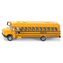 Autobús escolar estadounidense de juguete marca Siku a escala 1:55 de metal y plástico con puertas practicables.