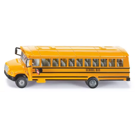 Autobús escolar estadounidense de juguete marca Siku a escala 1:55 de metal y plástico con puertas practicables.