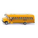 Autobús escolar estadounidense de juguete marca Siku a escala 1:55 de metal y plástico con puertas practicables.