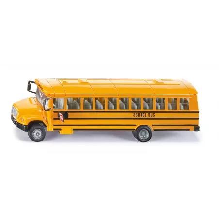Autobús escolar estadounidense de juguete marca Siku a escala 1:55 de metal y plástico con puertas practicables.