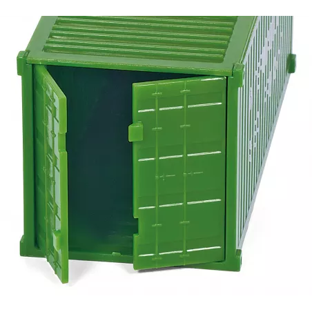 Camión de juguete a escala 1:50 con contenedor de metal y plástico, puertas abatibles y pies de apoyo.