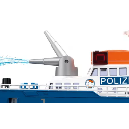 Barco policial de juguete flotante fabricado en metal y plástico resistente.