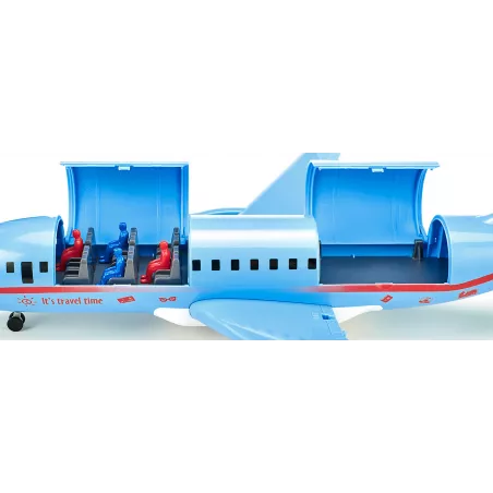 Avión de pasajeros de juguete Siku de metal con accesorios de pista y remolcador.