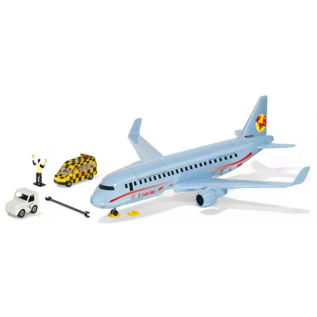 Avión de pasajeros de juguete Siku de metal con accesorios de pista y remolcador.