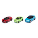 Set de coches convertibles de juguete Siku con Mercedes SLK, Audi R8 Spyder y BMW 645i en miniatura.