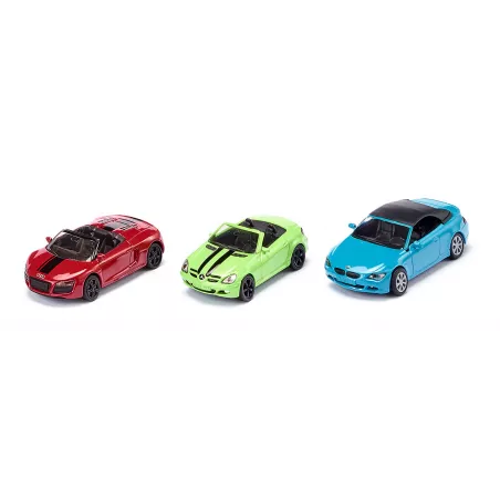 Set de coches convertibles de juguete Siku con Mercedes SLK, Audi R8 Spyder y BMW 645i en miniatura.