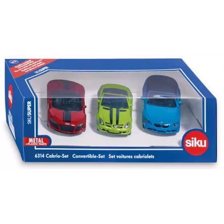 Set de coches convertibles de juguete Siku con Mercedes SLK, Audi R8 Spyder y BMW 645i en miniatura.