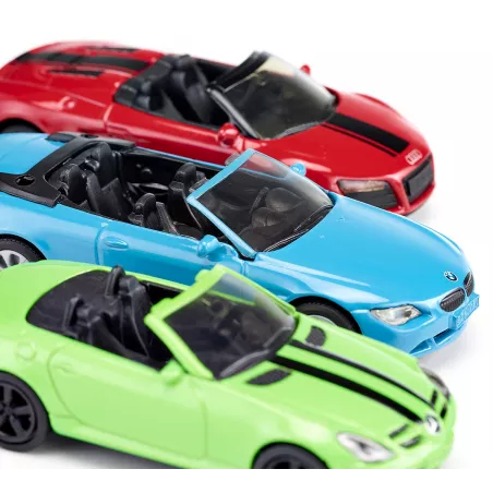 Set de coches convertibles de juguete Siku con Mercedes SLK, Audi R8 Spyder y BMW 645i en miniatura.