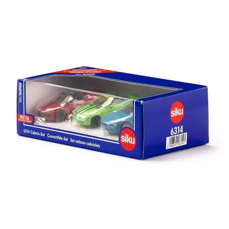 Set de coches convertibles de juguete Siku con Mercedes SLK, Audi R8 Spyder y BMW 645i en miniatura.