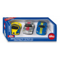 Tres coches de juguete Siku: Bugatti Veyron, Mercedes McLaren SLR y Dodge Viper de metal.