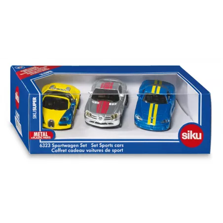 Tres coches de juguete Siku: Bugatti Veyron, Mercedes McLaren SLR y Dodge Viper de metal.