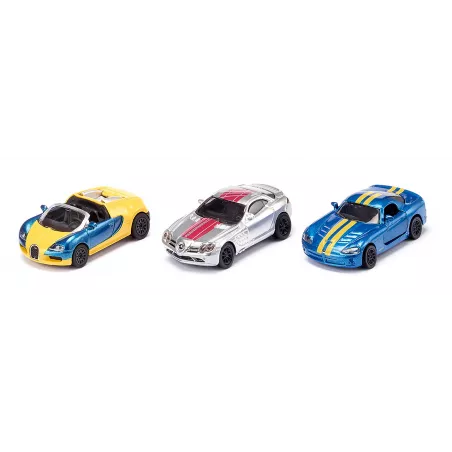 Tres coches de juguete Siku: Bugatti Veyron, Mercedes McLaren SLR y Dodge Viper de metal.