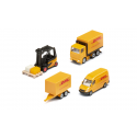 Set de regalo de logística DHL con vehículos de juguete de metal y plástico detallados.