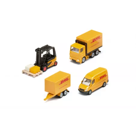 Set de regalo de logística DHL con vehículos de juguete de metal y plástico detallados.