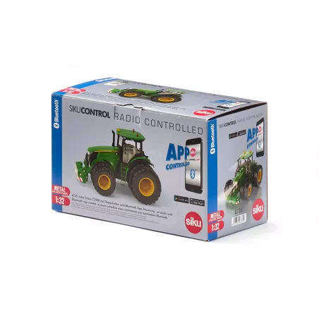 Tractor John Deere 7290R Bluetooth a escala 1:32 con luces LED y neumáticos gemelos magnéticos.