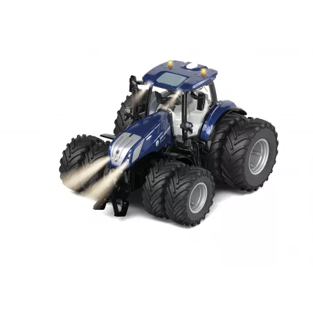 Tractor de juguete New Holland T7.315 con ruedas duales, control por bluetooth y luces LED.