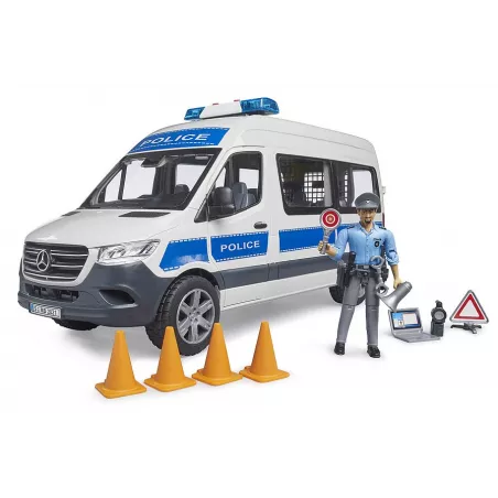Furgón policial de juguete MB Sprinter de Bruder con figura de policía y luces