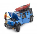 Jeep Wrangler Rubicon Unlimited de juguete escala 1:16 con kayak y figura Bruder