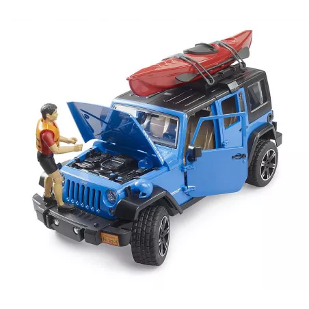 Jeep Wrangler Rubicon Unlimited de juguete escala 1:16 con kayak y figura Bruder