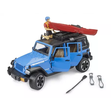 Jeep Wrangler Rubicon Unlimited de juguete escala 1:16 con kayak y figura Bruder