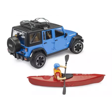 Jeep Wrangler Rubicon Unlimited de juguete escala 1:16 con kayak y figura Bruder