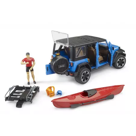 Jeep Wrangler Rubicon Unlimited de juguete escala 1:16 con kayak y figura Bruder