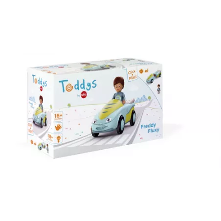 Vehículo de juguete Freddy Fluxy de Toddys con motor de fricción y figura articulada para desarrollo motriz.