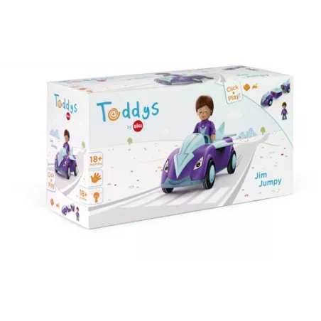 Juguete Toddys Jim Jumpy con vehículo de fricción y muñeco articulado modular para niños desde 18 meses.