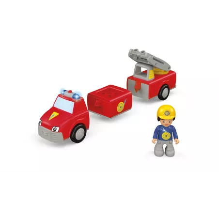 Camión de bomberos de juguete Harry Ayudante con escalera extensible y muñeco articulado Click&Play.