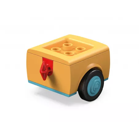 Vehículo de juguete modular Adán Addy con figura articulada y piezas de construcción de metal y plástico.