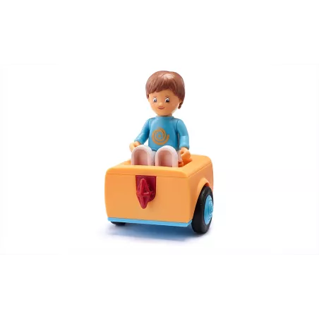 Vehículo de juguete modular Adán Addy con figura articulada y piezas de construcción de metal y plástico.