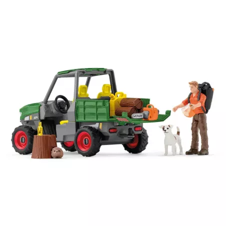 Set de juguete Schleich con todoterreno 4x4, figura de granjero y animales del bosque.