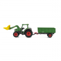 Tractor de juguete Schleich con remolque, pala frontal, figura de granjero Paul y perro goldendoodle.