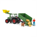 Tractor de juguete Schleich con remolque, pala frontal, figura de granjero Paul y perro goldendoodle.