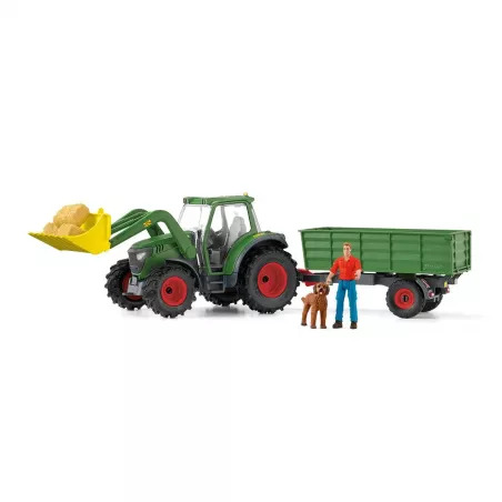 Tractor de juguete Schleich con remolque, pala frontal, figura de granjero Paul y perro goldendoodle.