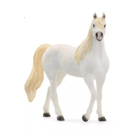 Figura de juguete de yegua árabe Schleich con pelaje blanco y detalles realistas pintados a mano.
