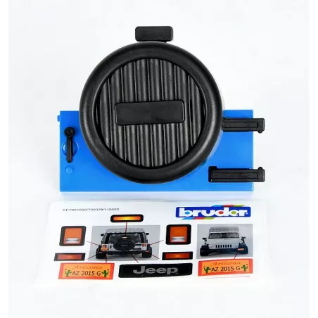 Portón trasero azul con funda de rueda de repuesto para Jeep Wrangler Rubicon Bruder escala 1:16.
