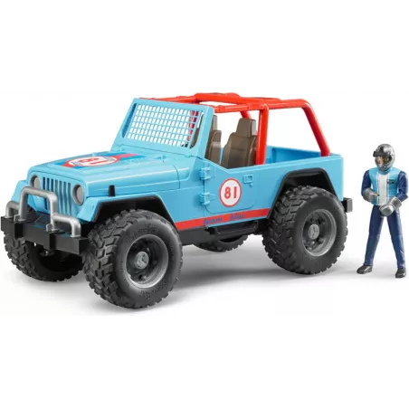 Jeep Cross Racer azul de juguete Bruder a escala 1:16 con puertas y capó que se abren.