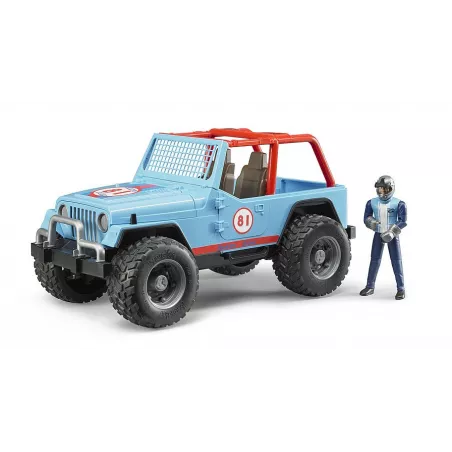 Jeep Cross Racer azul de juguete Bruder a escala 1:16 con puertas y capó que se abren.