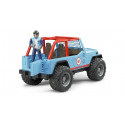 Jeep Cross Racer azul de juguete Bruder a escala 1:16 con puertas y capó que se abren.