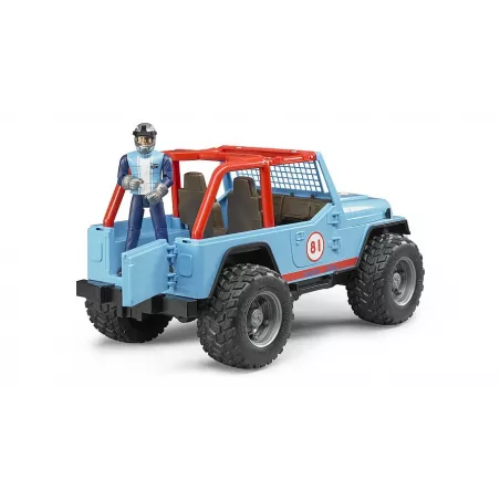 Jeep Cross Racer azul de juguete Bruder a escala 1:16 con puertas y capó que se abren.