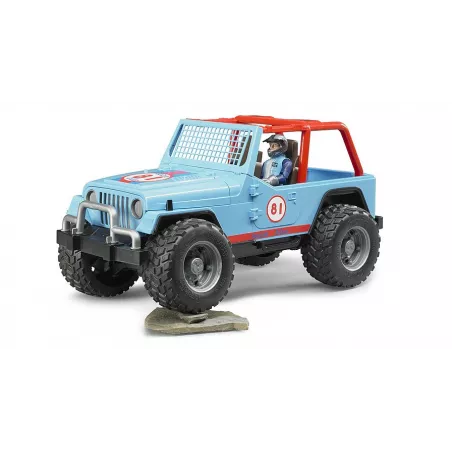 Jeep Cross Racer azul de juguete Bruder a escala 1:16 con puertas y capó que se abren.