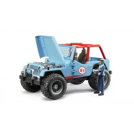 Jeep Cross Racer azul de juguete Bruder a escala 1:16 con puertas y capó que se abren.