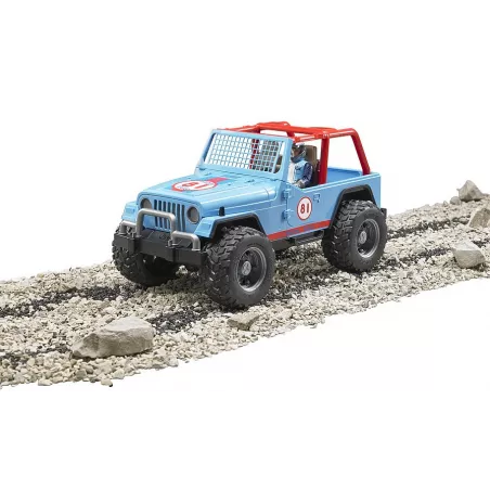 Jeep Cross Racer azul de juguete Bruder a escala 1:16 con puertas y capó que se abren.