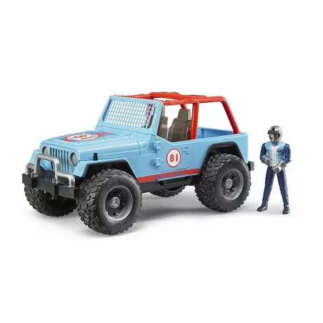 Jeep Cross Racer azul de juguete Bruder a escala 1:16 con puertas y capó que se abren.