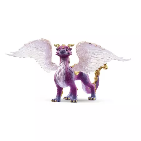 Dragón de juguete de cielo nocturno Schleich con alas transparentes, escamas violetas y silla dorada.